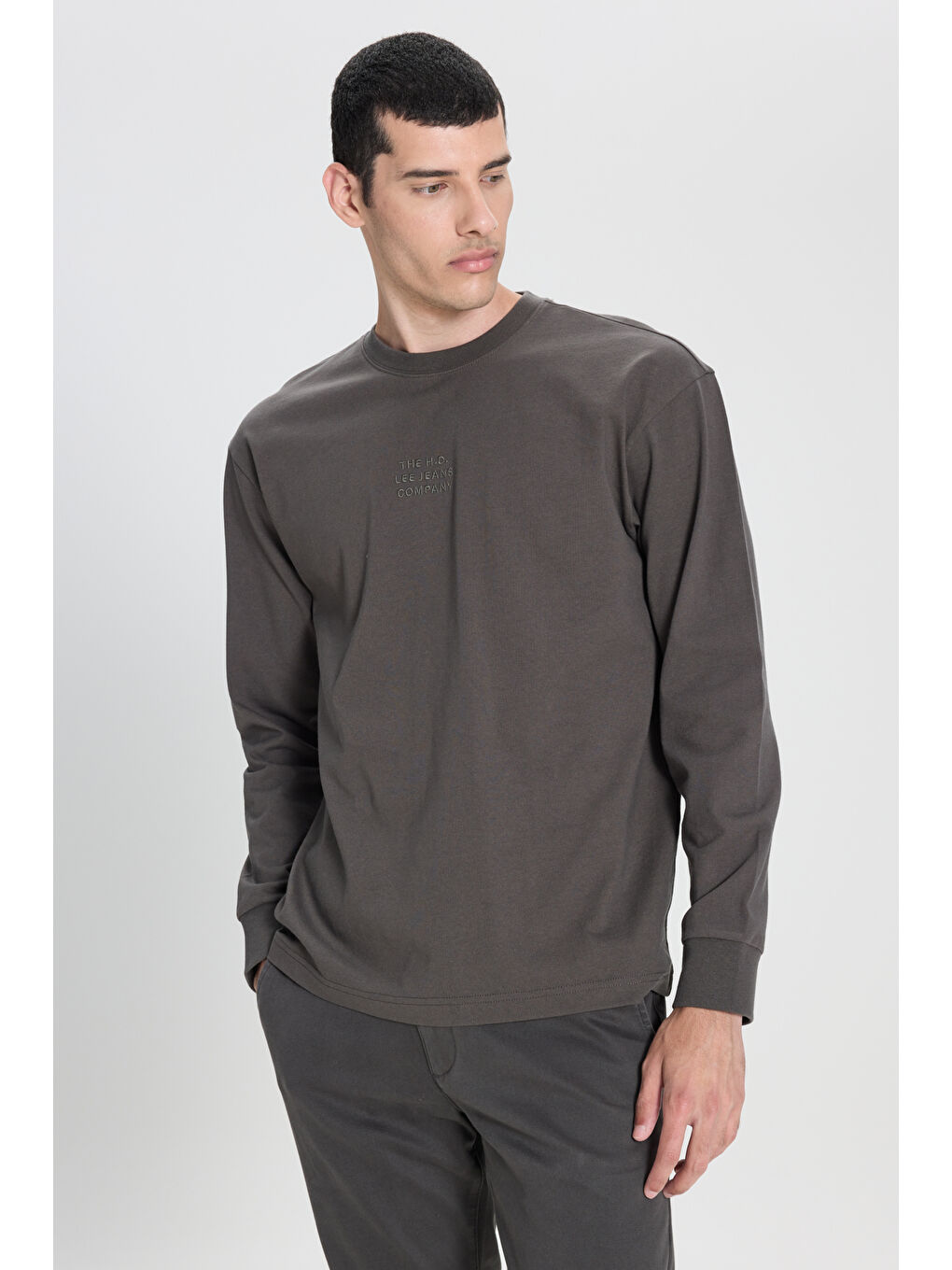 Loose Fit Rahat Kesim Bisiklet Yaka %100 Pamuk Antrasit Uzun Kollu Tişört-2