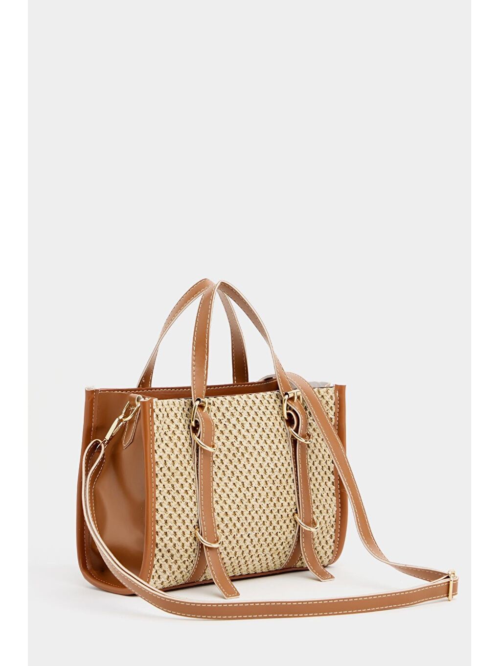 Kahverengi Deri Detaylı Hasır Örgü Kadın Çanta – Bohem Stil Omuz Ve El Çantası Taba-1