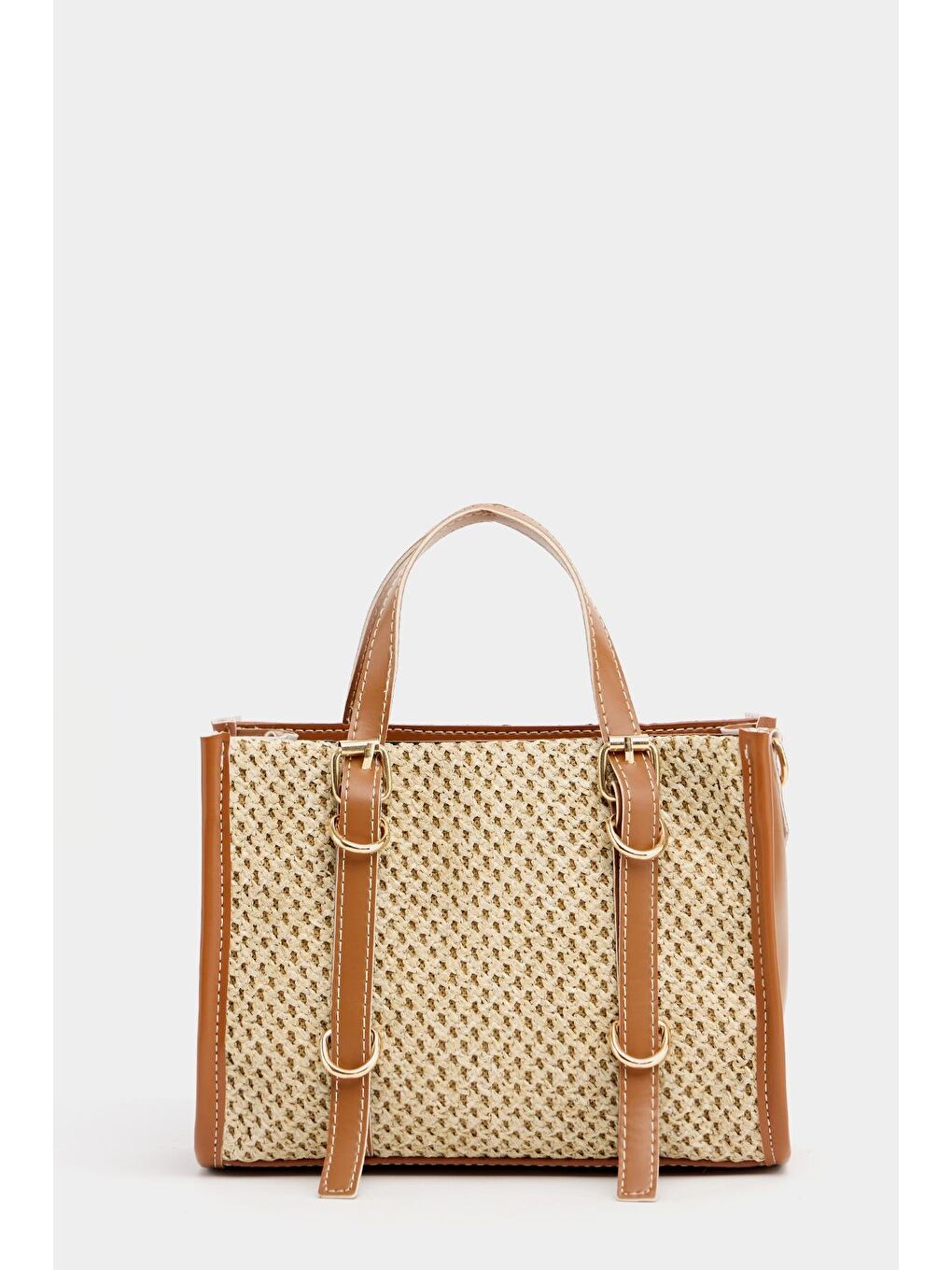 Kahverengi Deri Detaylı Hasır Örgü Kadın Çanta – Bohem Stil Omuz Ve El Çantası Taba-2