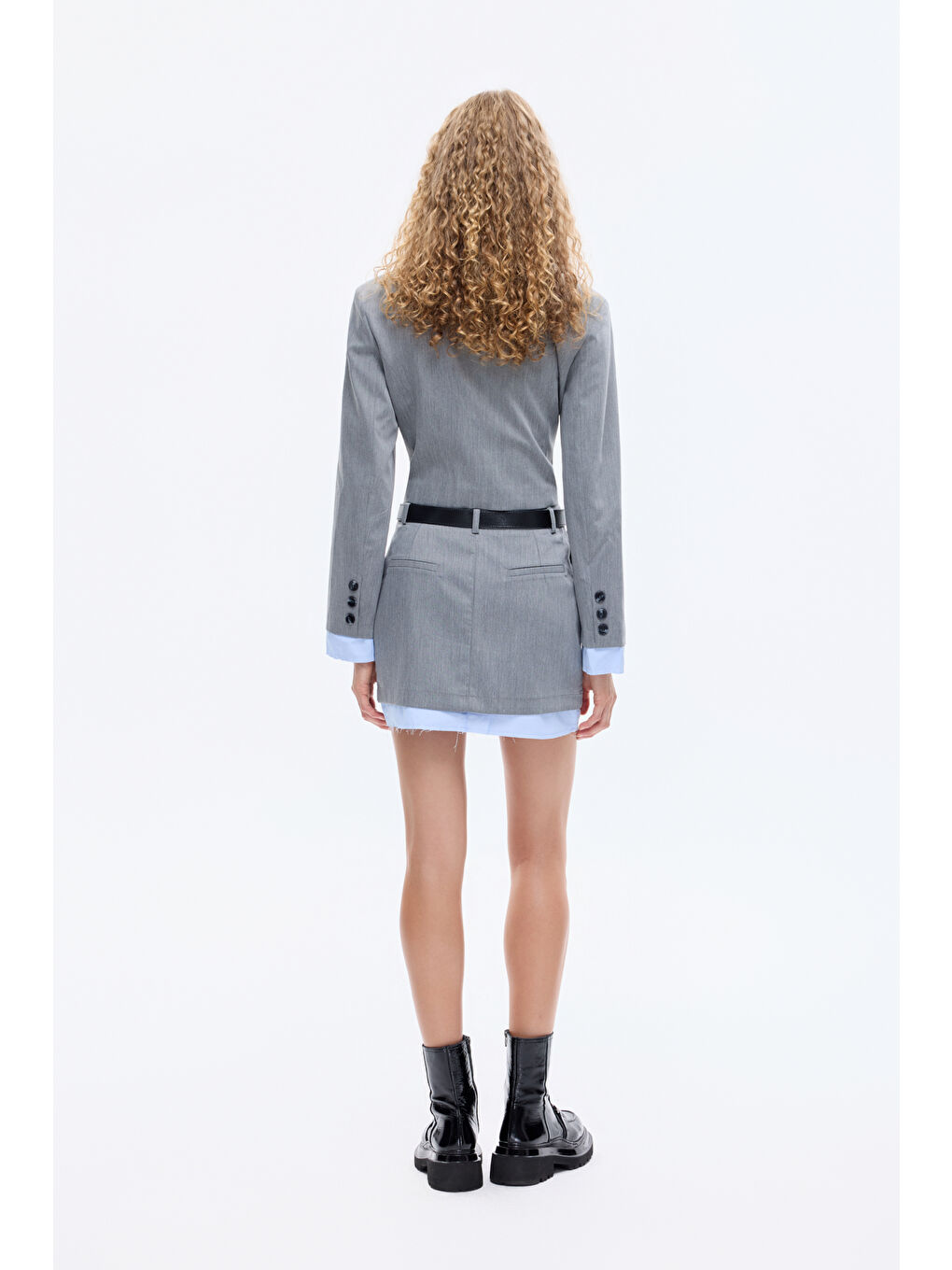 Kemer Aksesuarlı Kumaş Garnili Mini Etek Gri-4