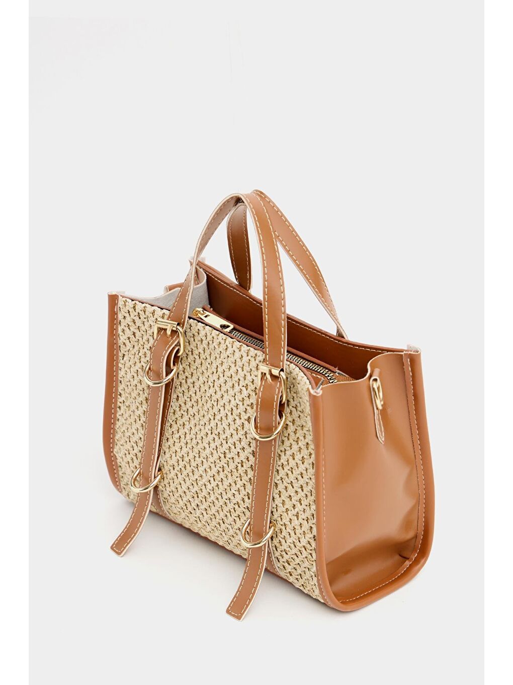 Kahverengi Deri Detaylı Hasır Örgü Kadın Çanta – Bohem Stil Omuz Ve El Çantası Taba-3