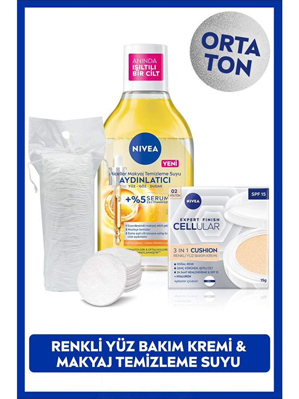 Micellar Makyaj Temizleme Suyu 400ml ve Cellular Expert Cushion Yüz Güneş Krem,Orta Ton,Pamuk Hediye