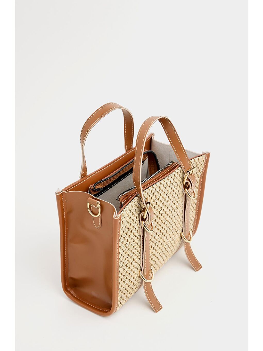 Kahverengi Deri Detaylı Hasır Örgü Kadın Çanta – Bohem Stil Omuz Ve El Çantası Taba-4