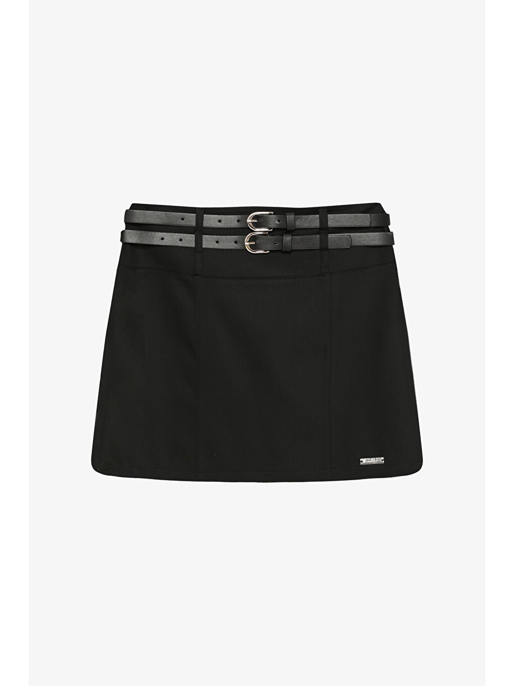 Çift Kemerli Metal Etiket Detaylı Mini Etek Siyah-1
