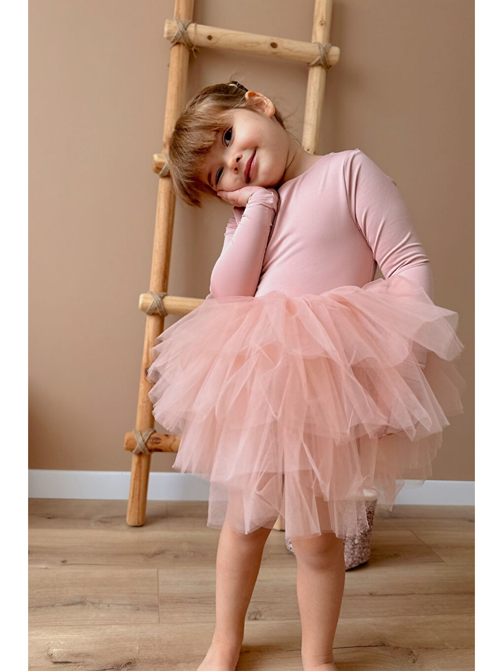 Pembe Pudra Uzun Kollu Tül Etekli Kız Çocuk Elbise - Lisa-1