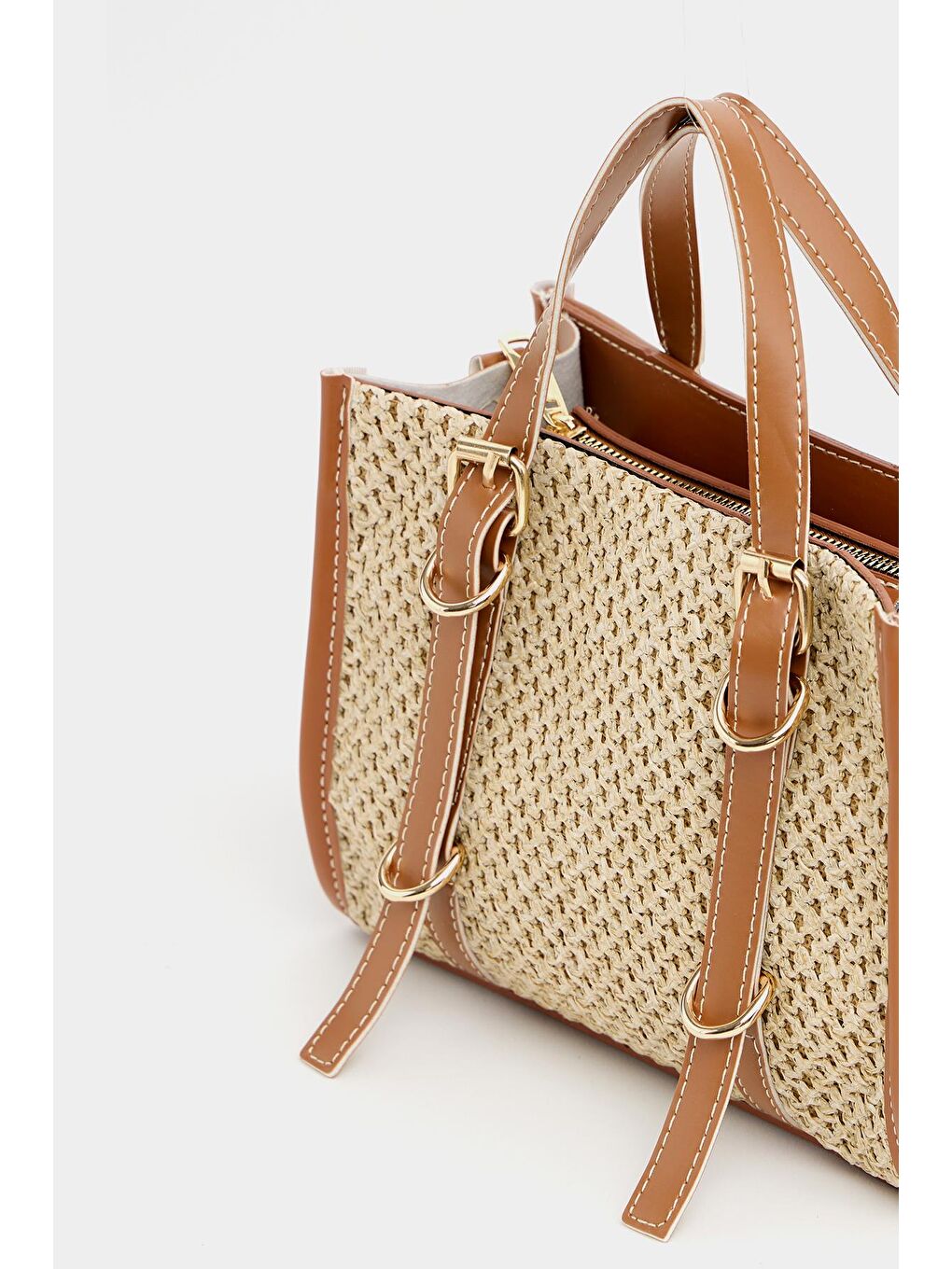 Kahverengi Deri Detaylı Hasır Örgü Kadın Çanta – Bohem Stil Omuz Ve El Çantası Taba-5