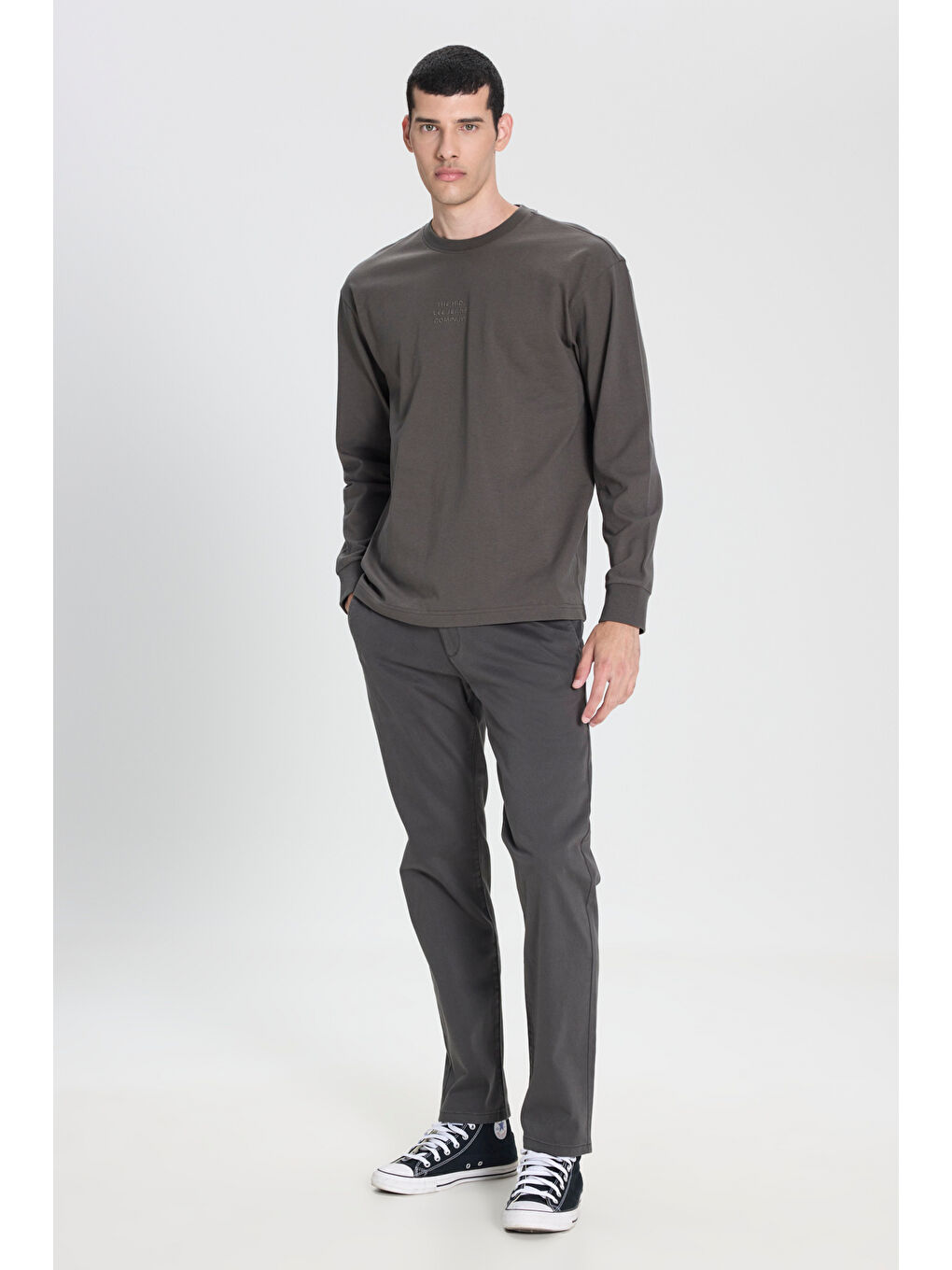 Loose Fit Rahat Kesim Bisiklet Yaka %100 Pamuk Antrasit Uzun Kollu Tişört-3