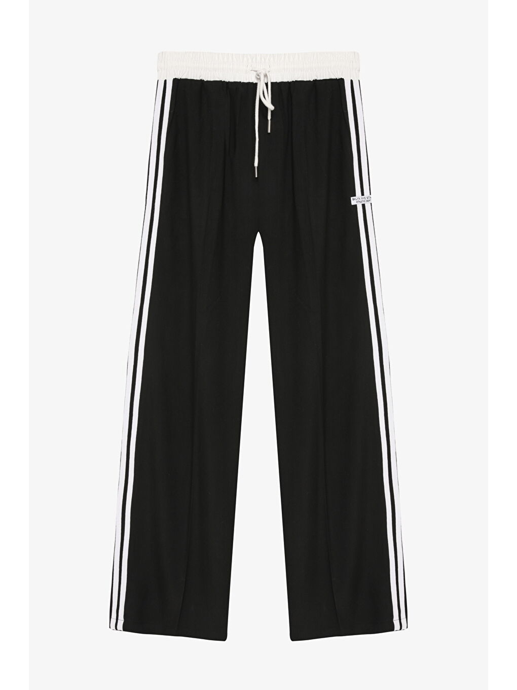 Etiket Detaylı Şerit Garnili Bol Paça Pantolon Siyah