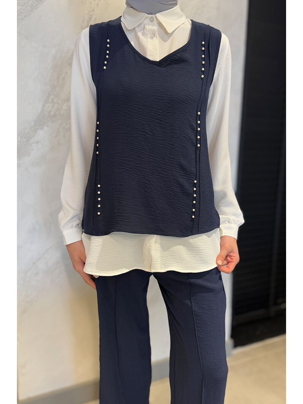 Lacivert İncili Gömlek Süveter Pantolon Tesettür Üçlü Takım-5