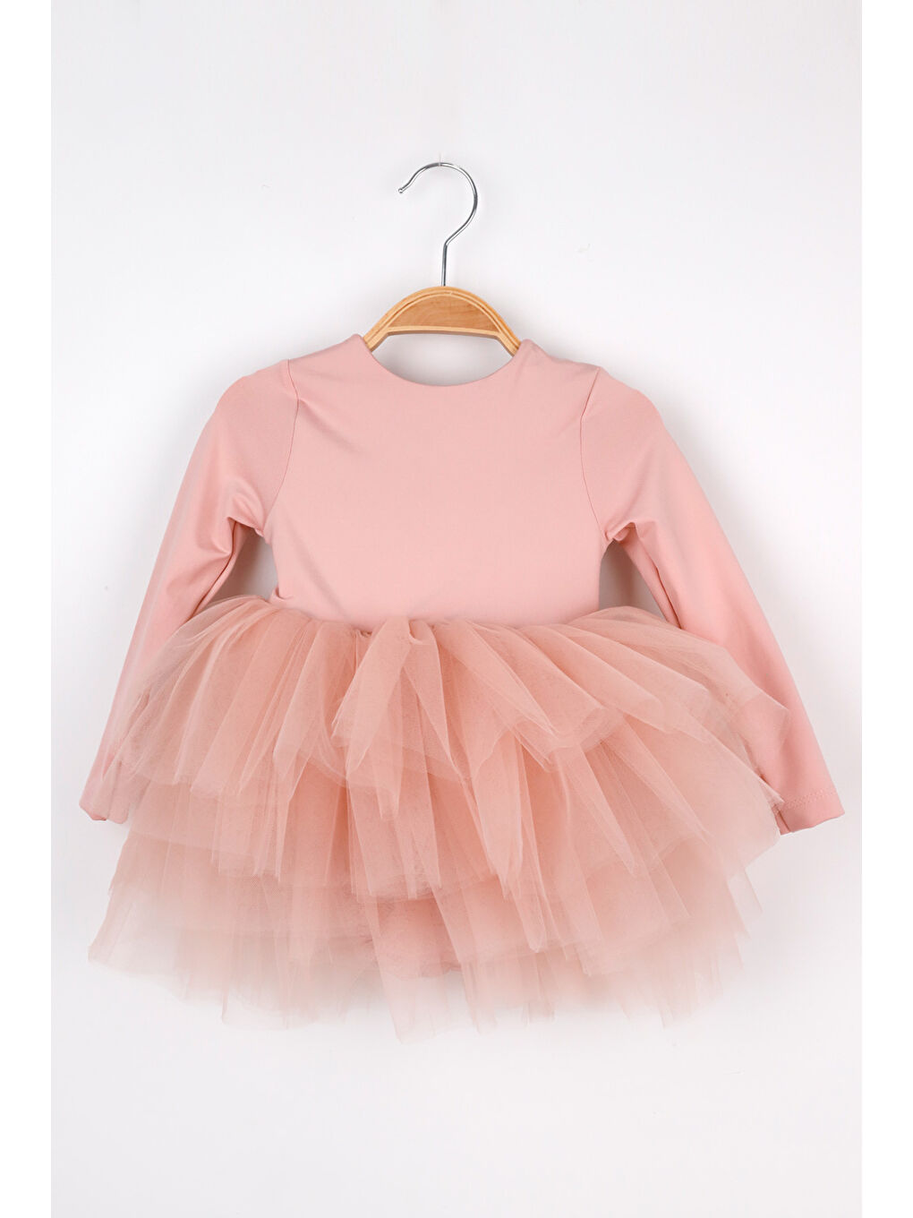 Pembe Pudra Uzun Kollu Tül Etekli Kız Çocuk Elbise - Lisa-2
