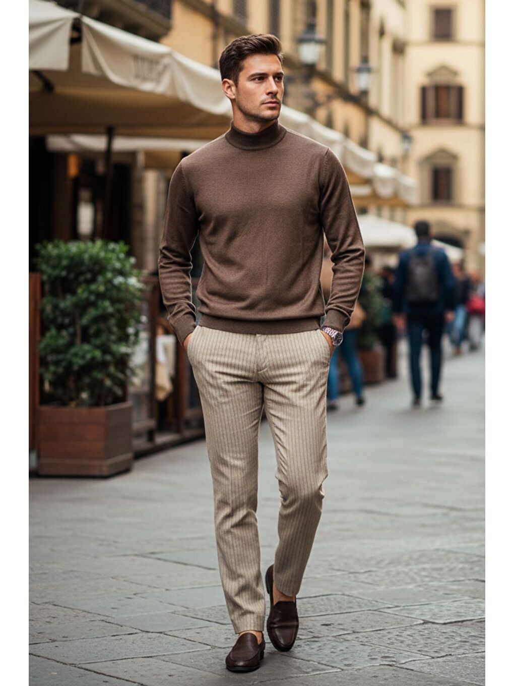 Kahverengi Lier Yarım Boğazlı Regular Fit Erkek Kazak Düz Triko-1