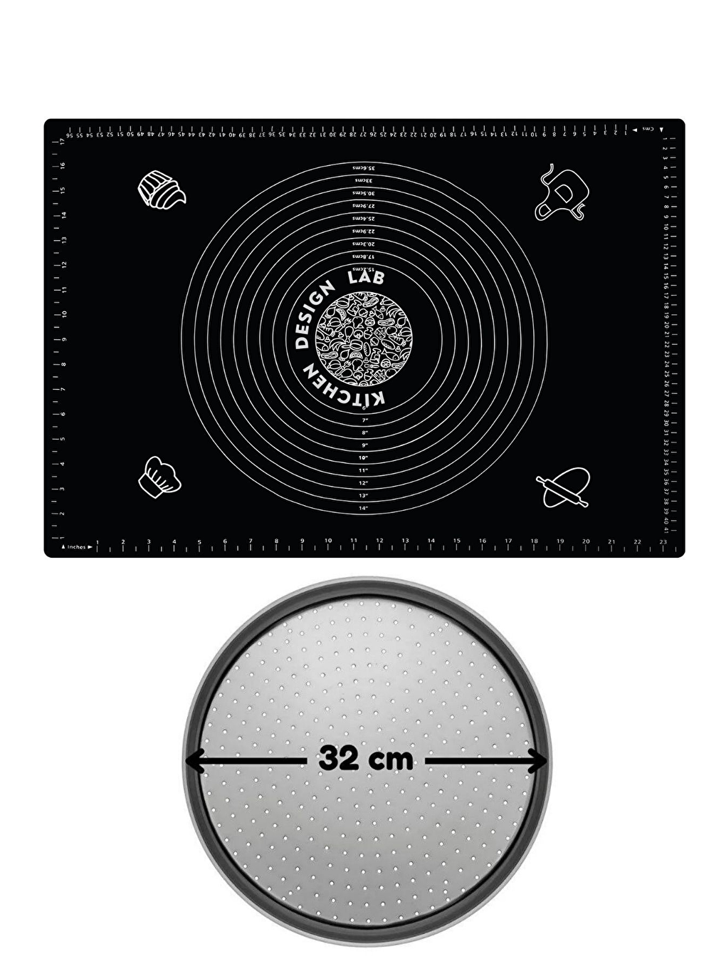 Gri 2'li Set Siyah 45x65 cm Silikon Hamur Açma Matı ve Pizza Tepsisi 32 cm