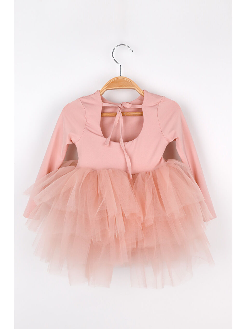 Pembe Pudra Uzun Kollu Tül Etekli Kız Çocuk Elbise - Lisa-3