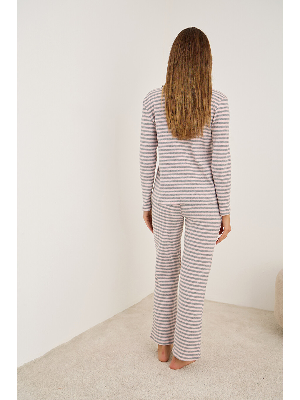 Pembe Gri Fırçalı Soft Fitilli Kaşkorse Hırka Pijama Takım-1