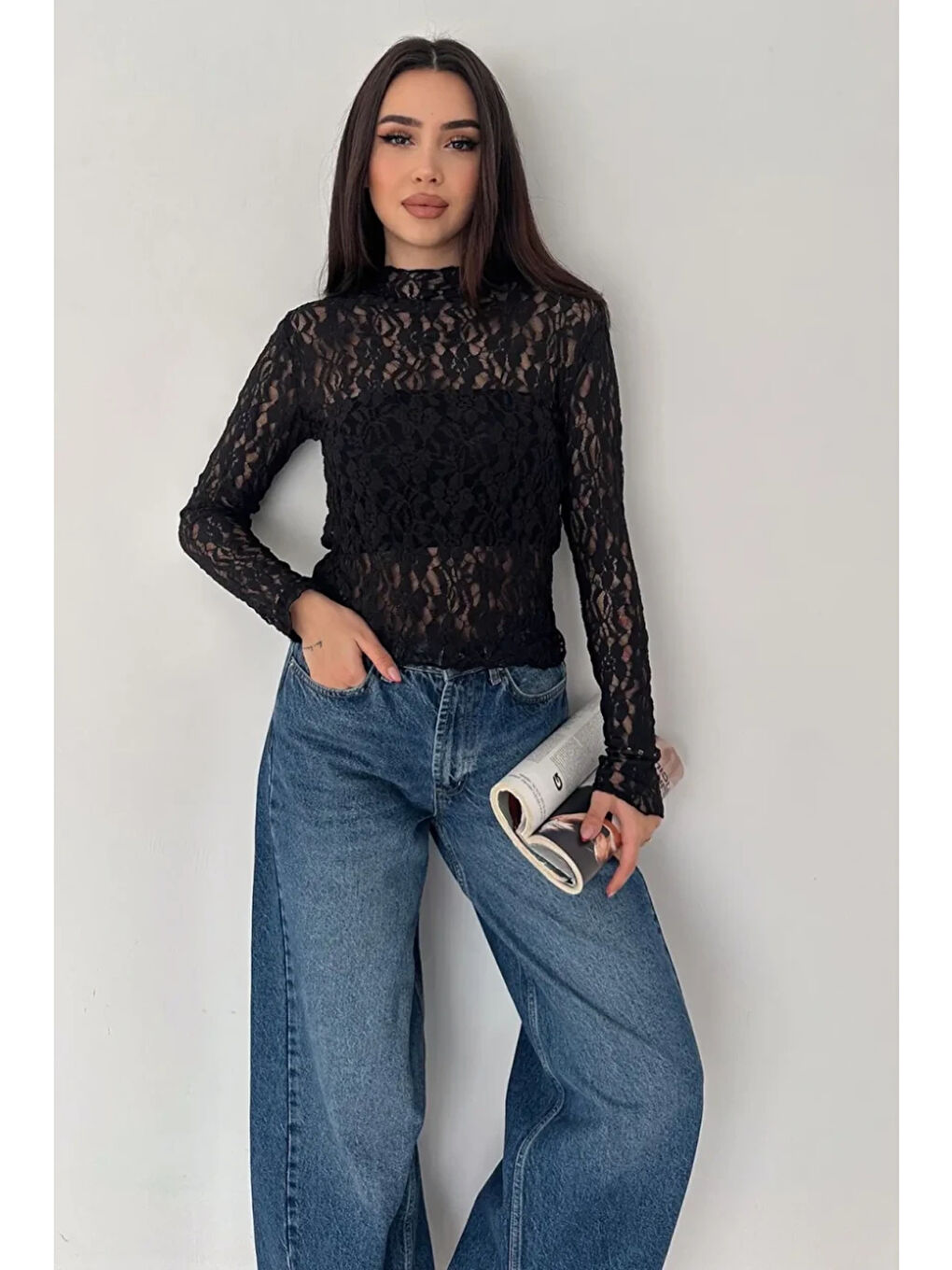 Siyah Kadın Transparan Çiçek Desenli Dantel Bluz-2