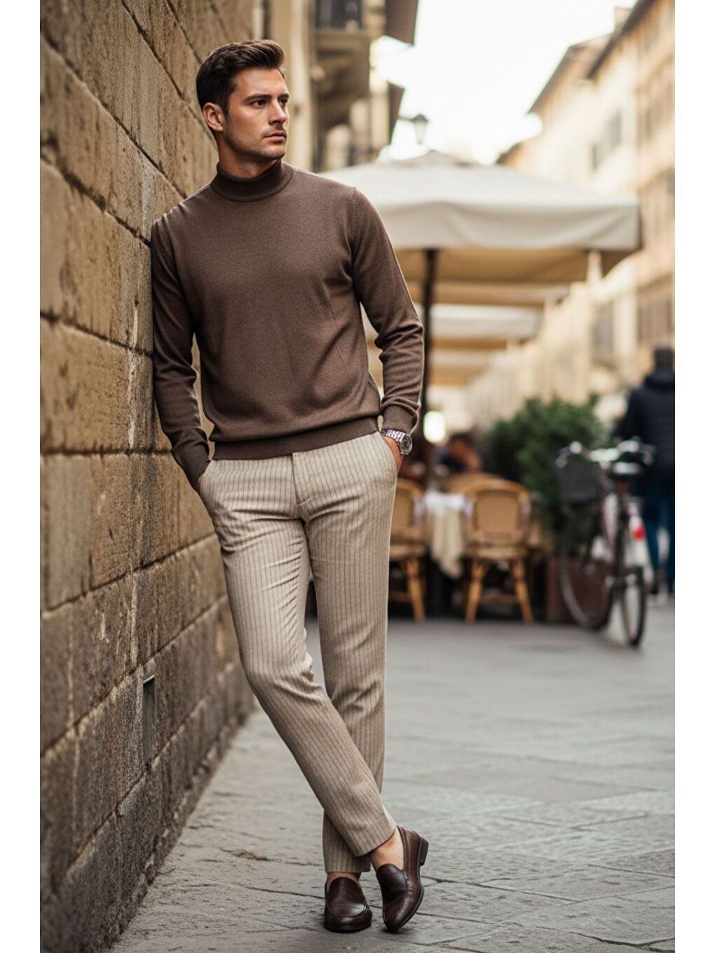 Kahverengi Lier Yarım Boğazlı Regular Fit Erkek Kazak Düz Triko-2