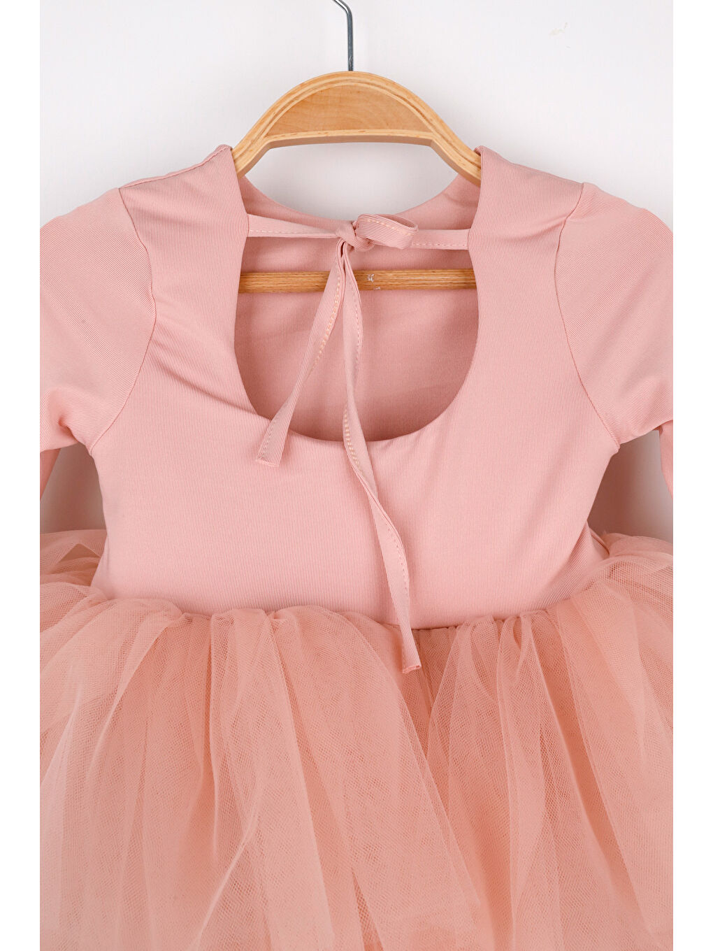 Pembe Pudra Uzun Kollu Tül Etekli Kız Çocuk Elbise - Lisa-4