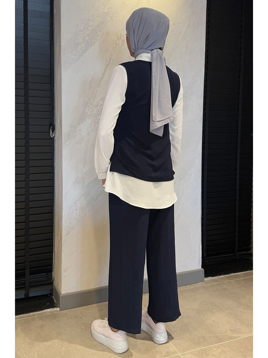 Lacivert İncili Gömlek Süveter Pantolon Tesettür Üçlü Takım-7