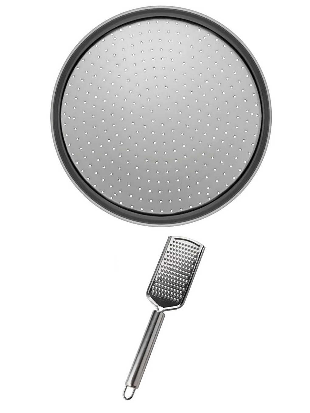 Gri Orta Boy Delikli Pizza Tepsisi Lahmacun Pide Tepsisi 32 cm ve Peynir Rendesi Çelik El Rendesi-3