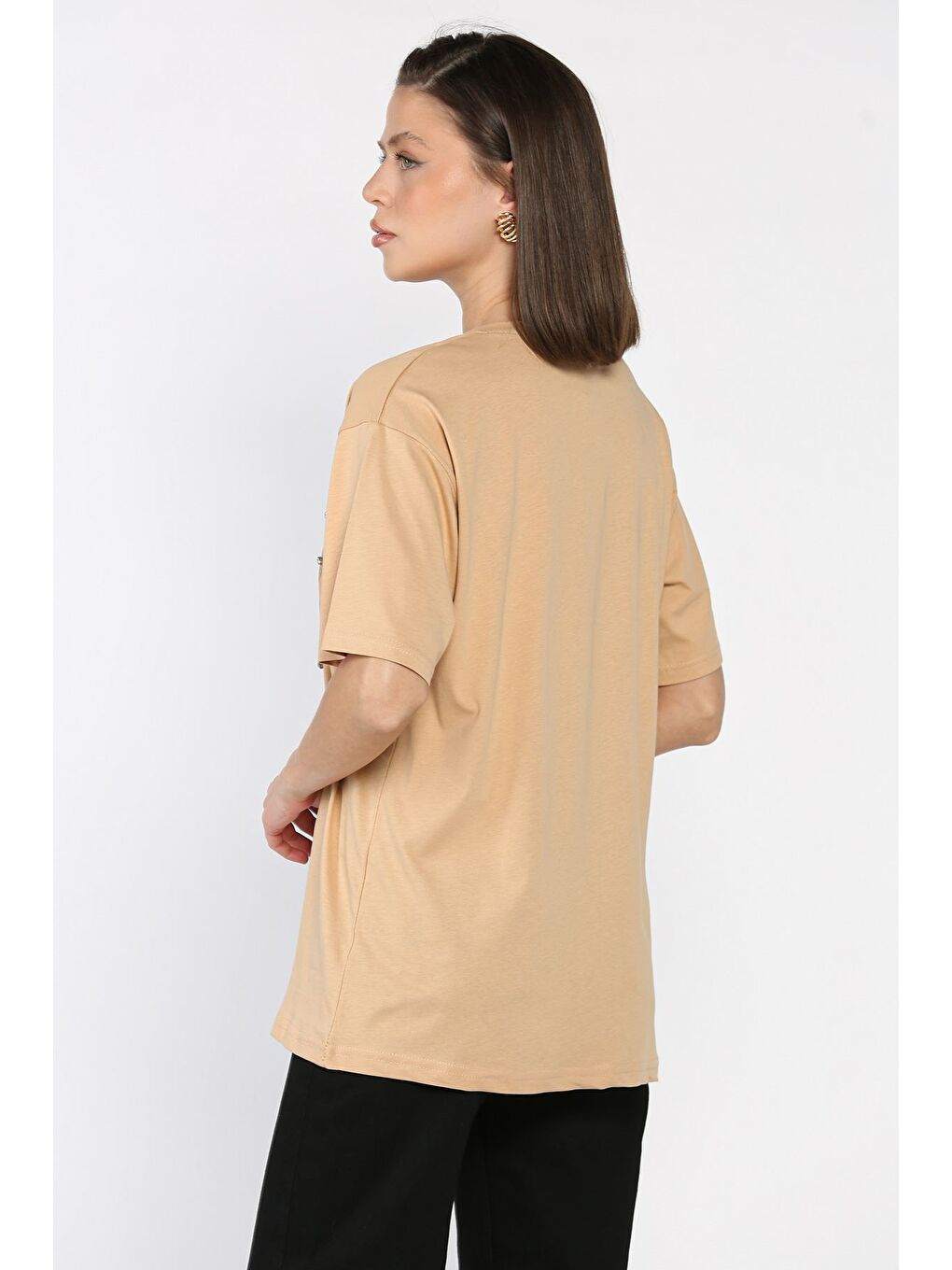 Bej Kadın Bisiklet Yaka Baskılı Taşlı Tişört-2
