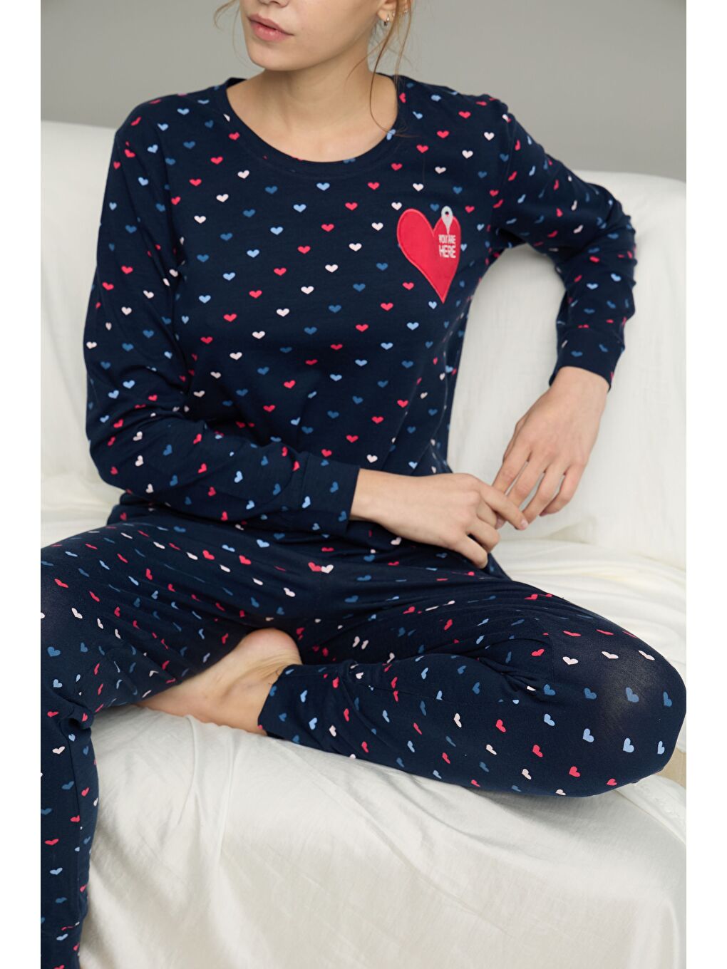 Lacivert Kalp Desenli Pamuklu Bisiklet Yaka Örme Pijama Takım25241145