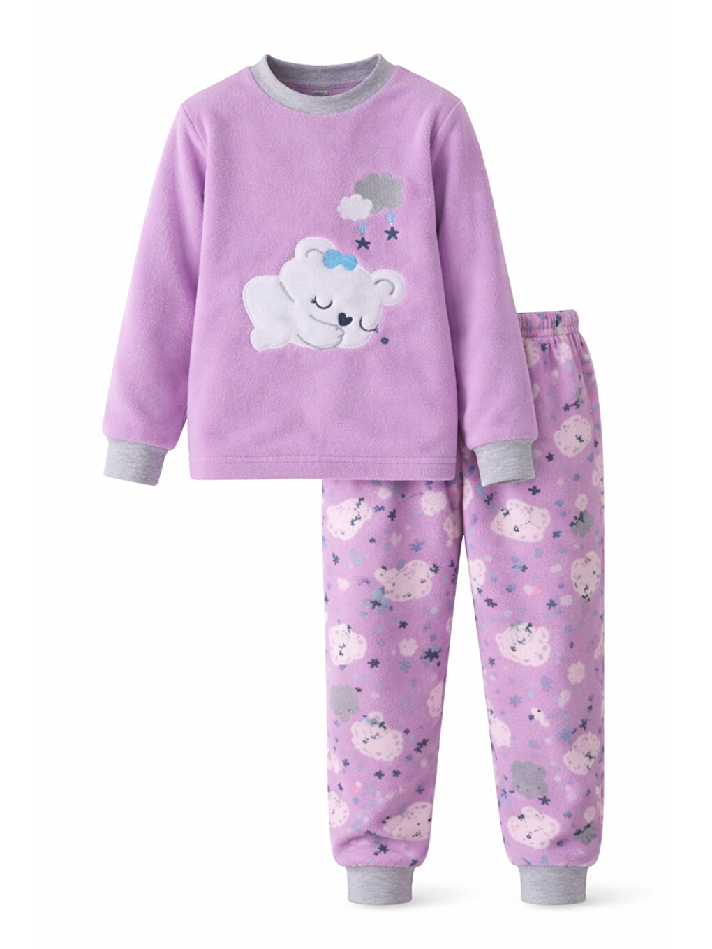 Kız Çocuk Kadife Polar Desenli Pijama Takımı 1680 Lila-1