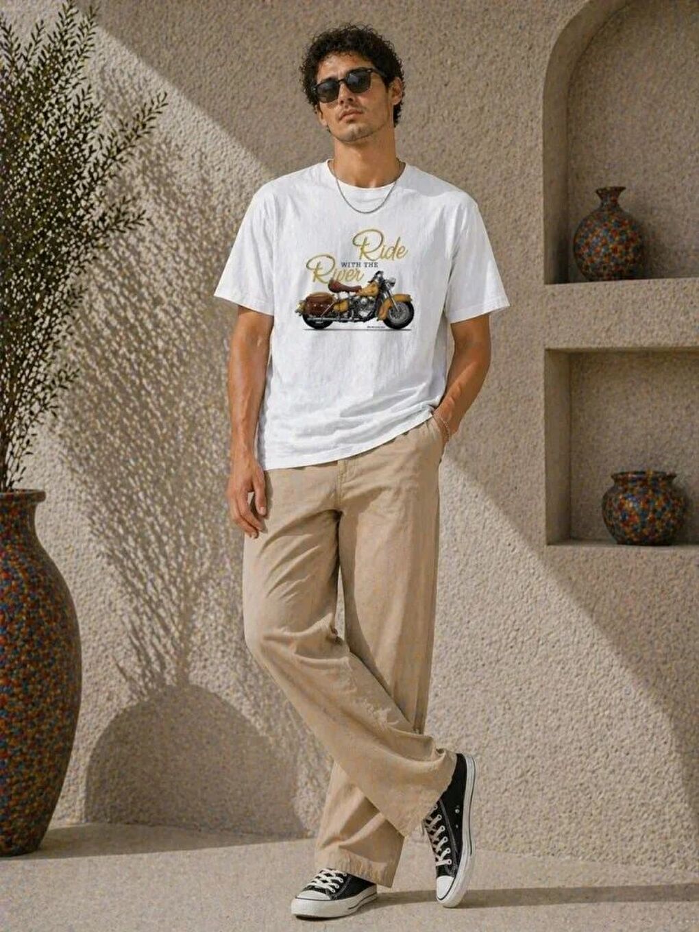 Erkek Motosiklet Baskılı Tişört Bisiklet Yaka Kısa Kol Yazlık T-Shirt - Beyaz-1