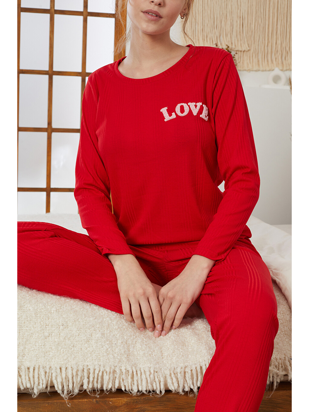 Kırmızı Love Nakışlı Fitilli Örme Pijama Takım25226001