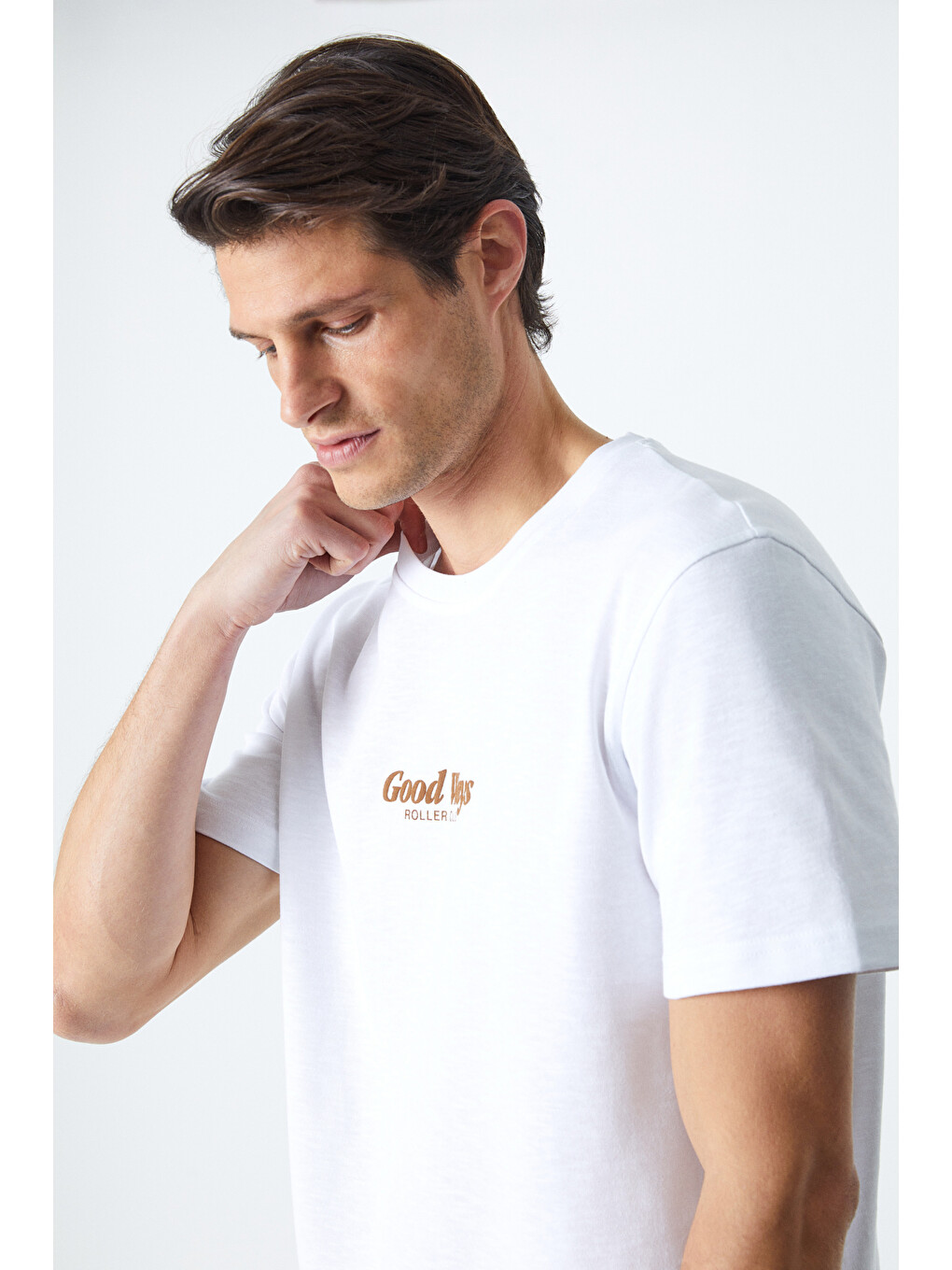 Roll Erkek Baskı Detaylı %100 Organik Pamuklu Comfort Fit Beyaz T-shirt-2