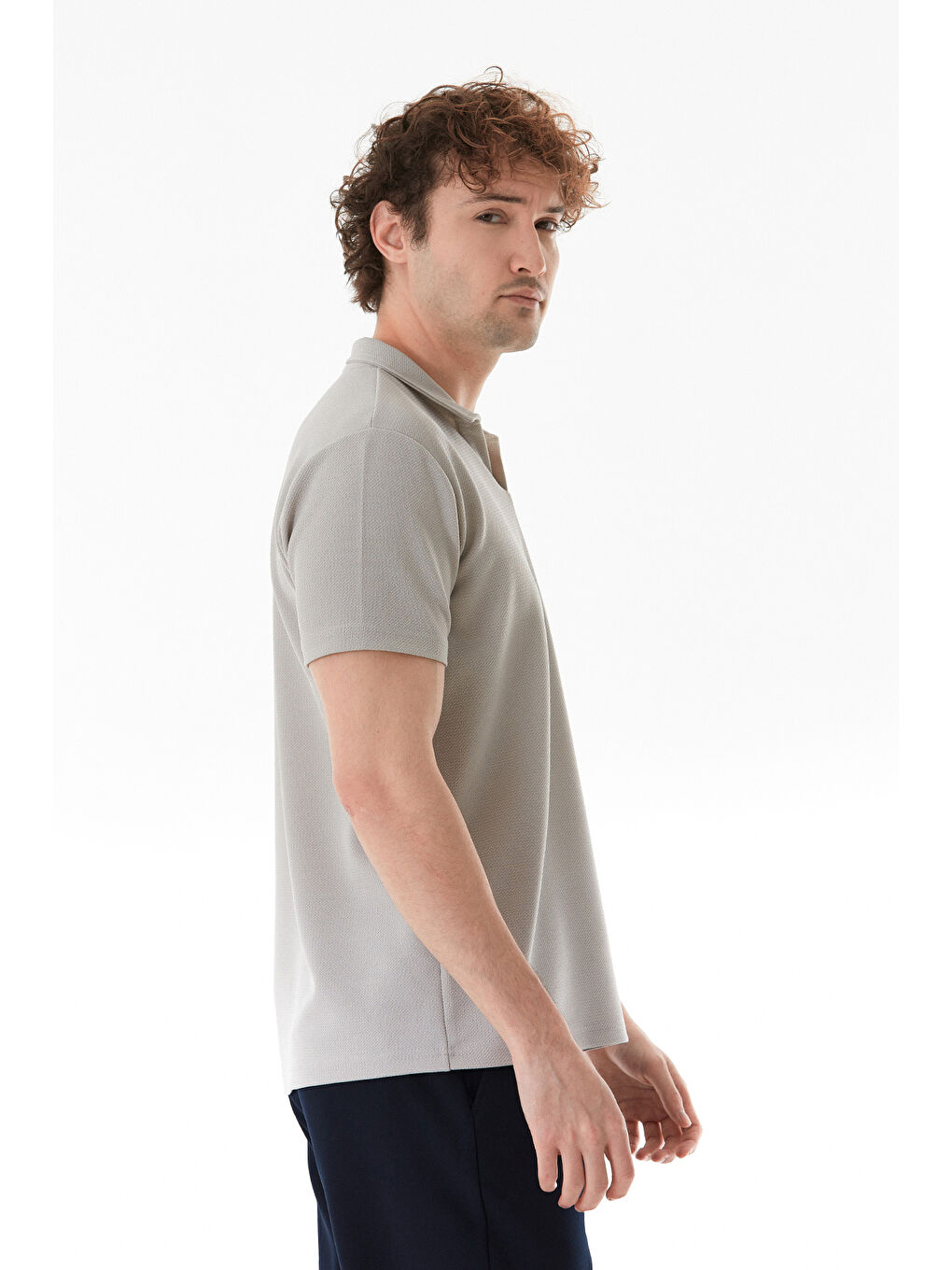 Gri Waffle Kumaş Polo Yaka Tişört-4