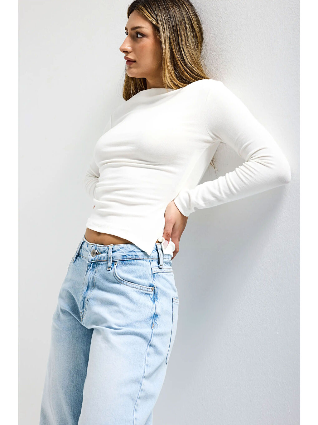 Kadın Beyaz w5 %100 Pamuk Asimetrik Kesim Esnek Bluz Body-3