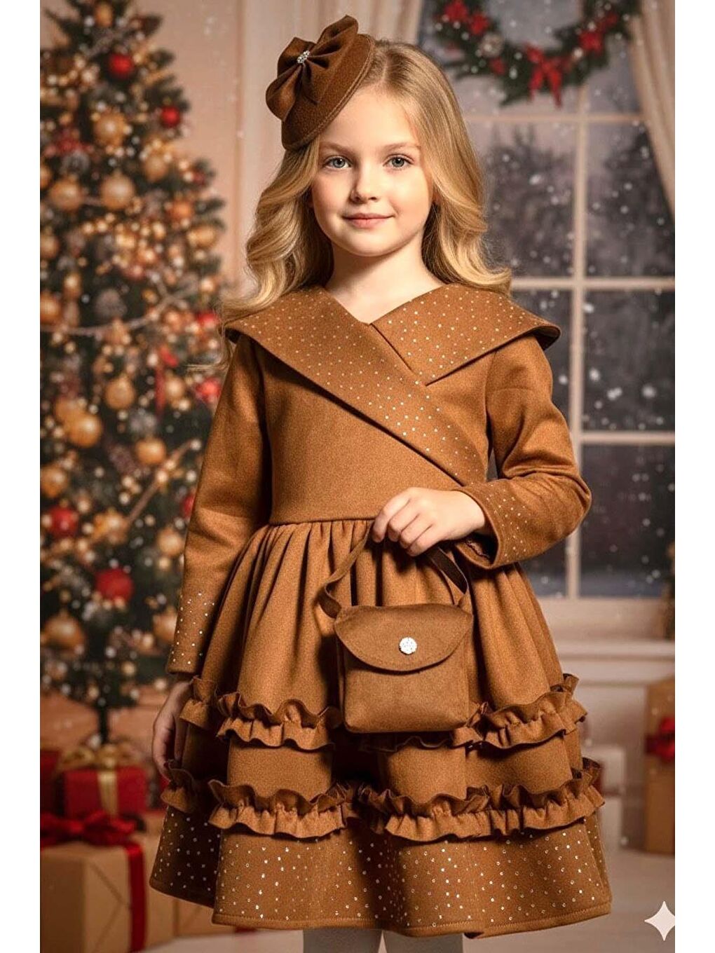 Kahverengi Kız Çocuk Kruvaze Yaka ve Taş İşlemeli Eteği Fırfır Detaylı Taba Süet Abiye-1