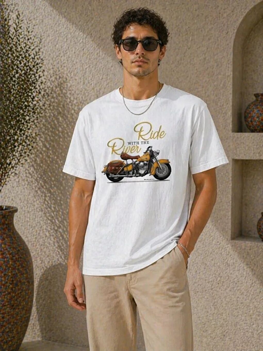 Erkek Motosiklet Baskılı Tişört Bisiklet Yaka Kısa Kol Yazlık T-Shirt - Beyaz-2
