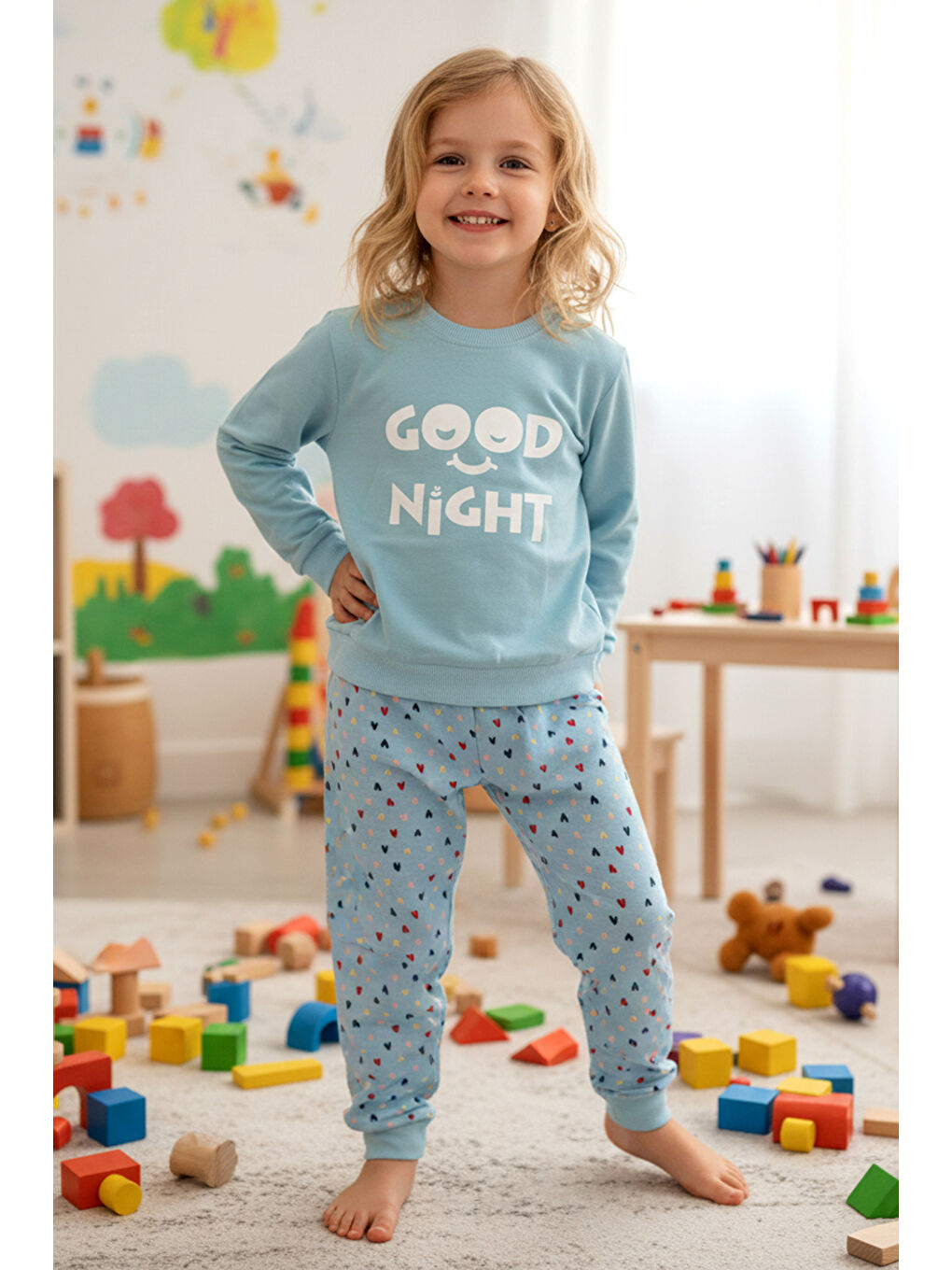 Kız Çocuk Pamuklu Desenli Pijama Takımı 250575 Mavi02