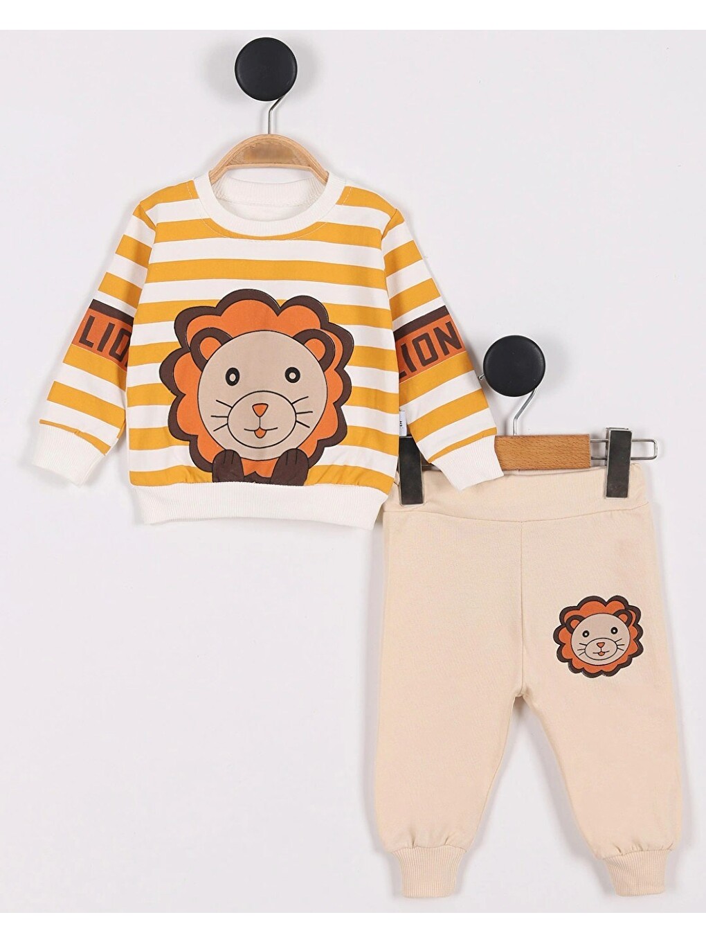 Sarı Aslan Desenli Bebek Takımı (3-18 Ay) - Çizgili Uzun Kollu Sweatshirt Ve Eşofman Altı-1