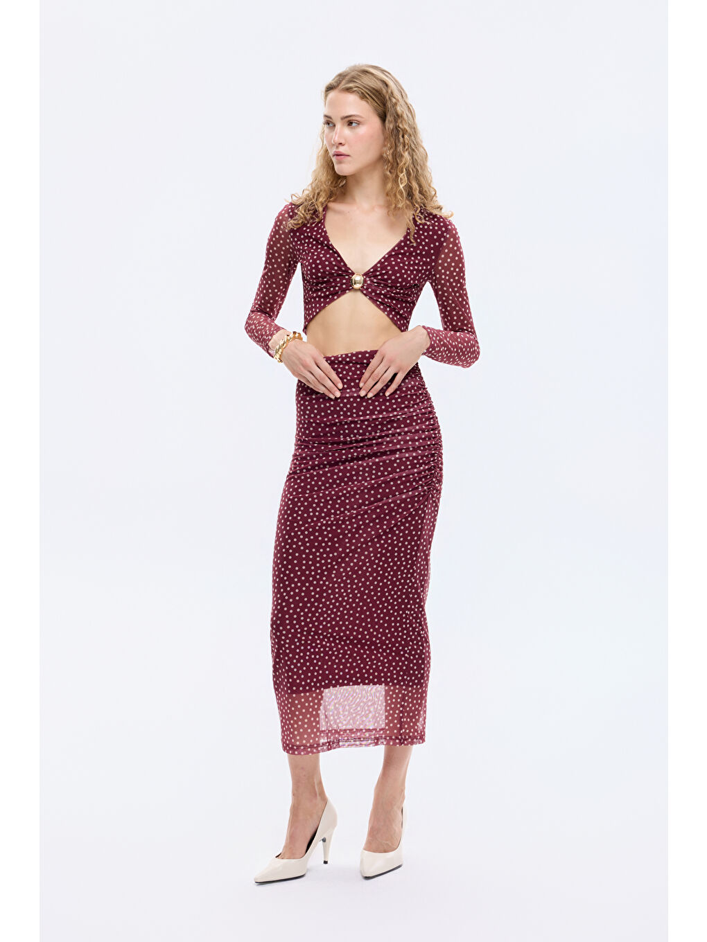 Puantiyeli Drape Detaylı Transparan Midi Etek Mürdüm