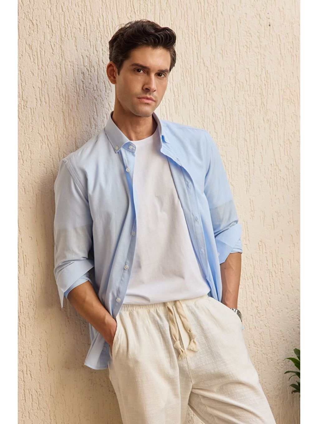 Mavi Turi Erkek Pamuk Gömlek Modern Slim Fit Keten Görünümlü Uzun Kol