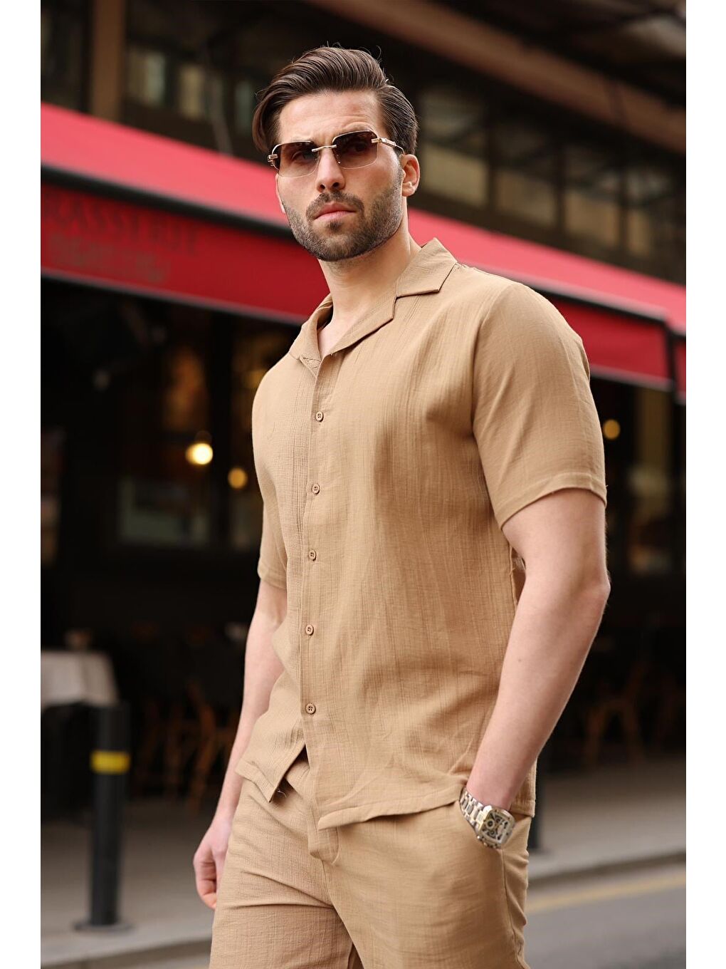 Bej Vizon %100 Pamuklu Erkek Şort Gömlek Takım E7361-1