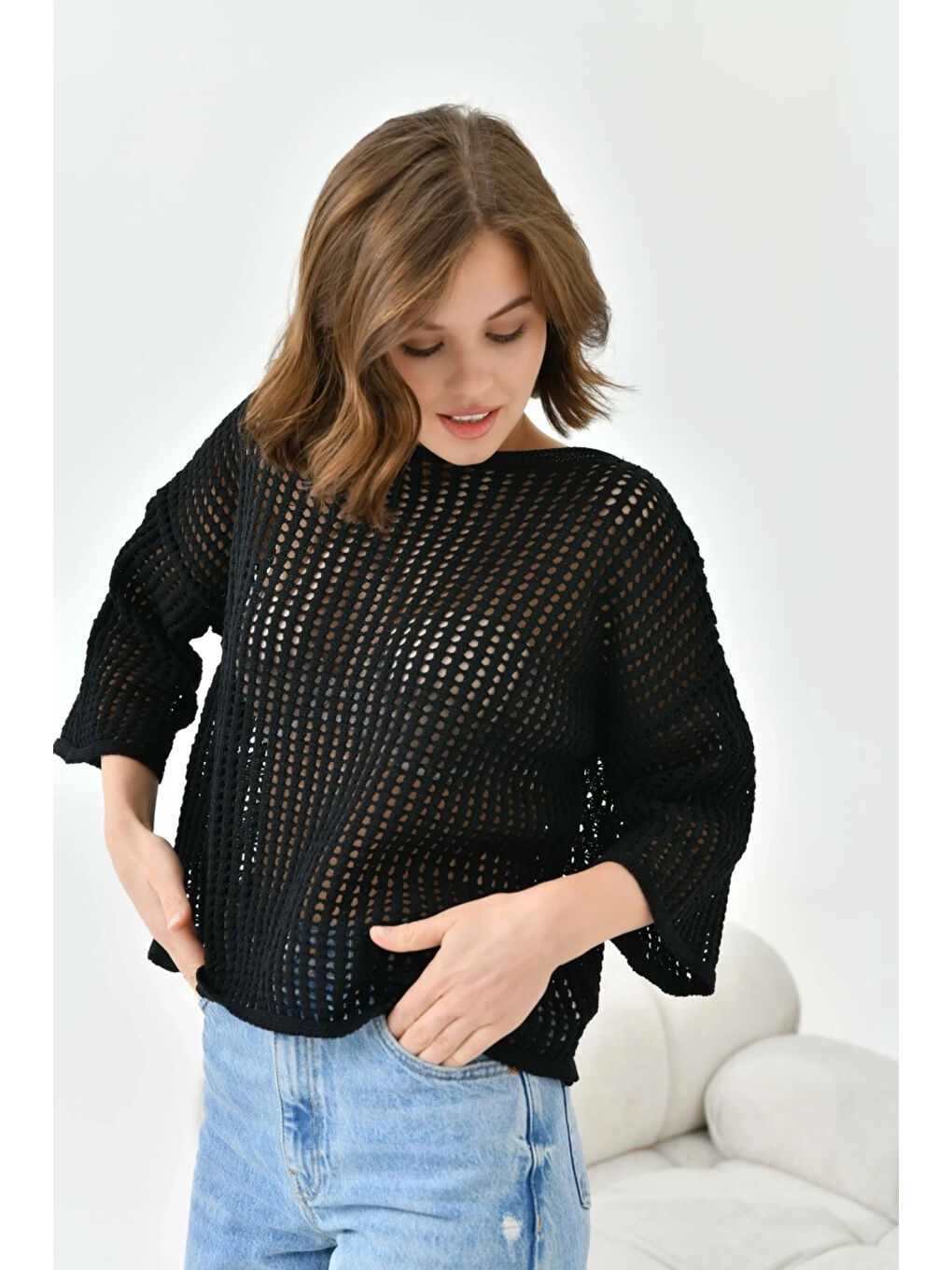 Siyah Kadın Kayık Yaka Örgü Detay Oversize Triko Kazak-1