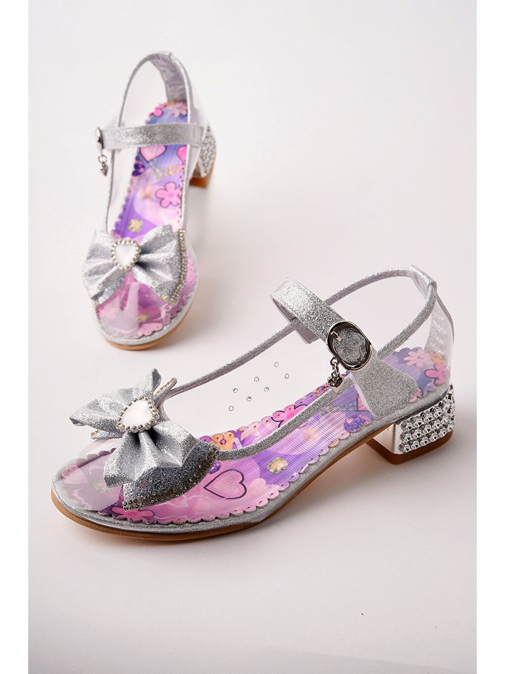 Gri PONYTA Şeffaf Simli Fiyonk Detaylı Bantlı Kız Çocuk Topuklu Abiye Ayakkabı