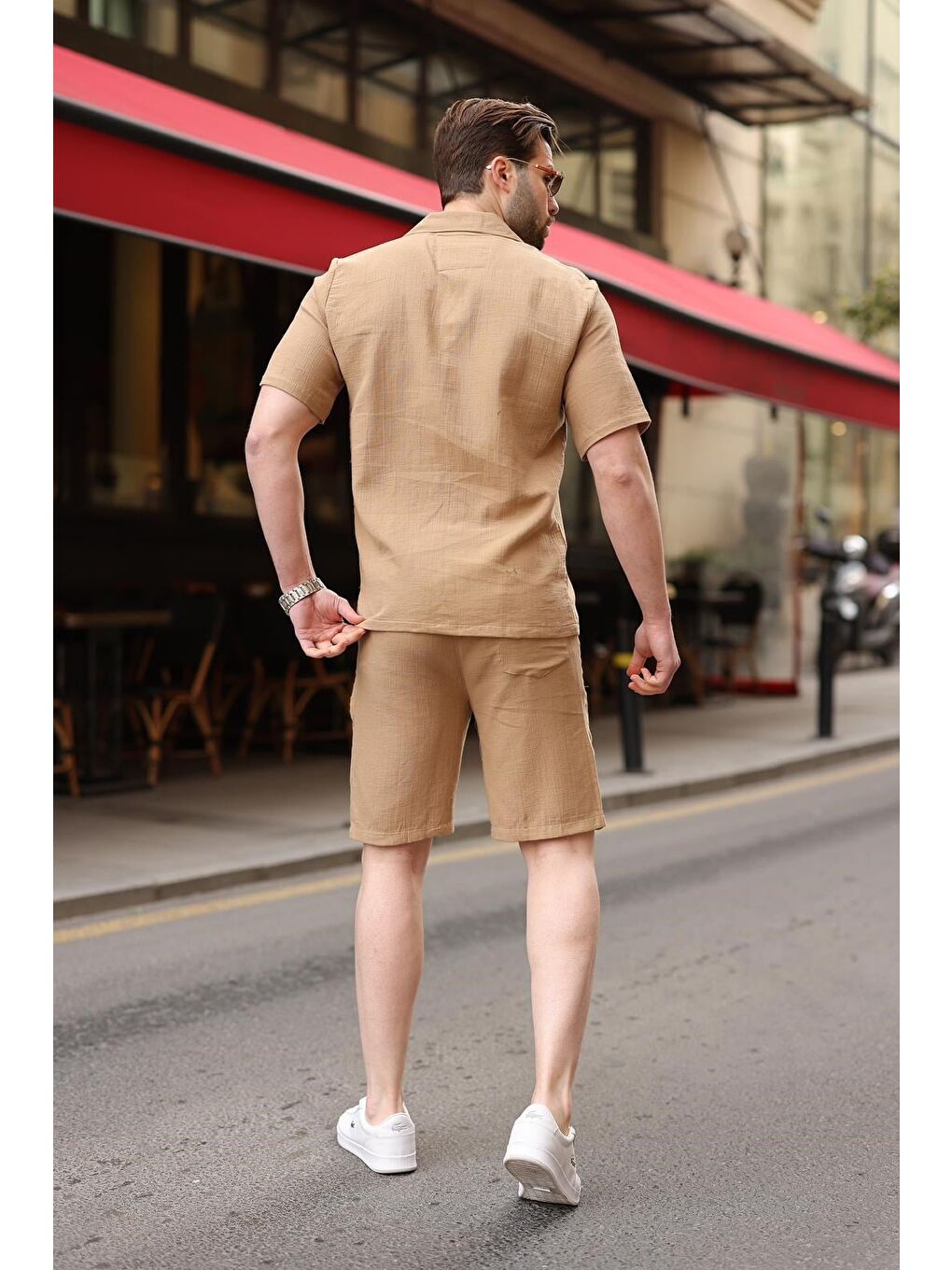 Bej Vizon %100 Pamuklu Erkek Şort Gömlek Takım E7361-2
