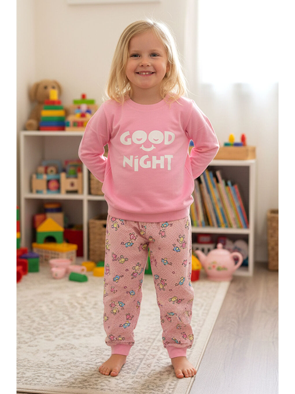 Pembe Kız Çocuk Pamuklu Desenli Pijama Takımı 250575 Pudra02