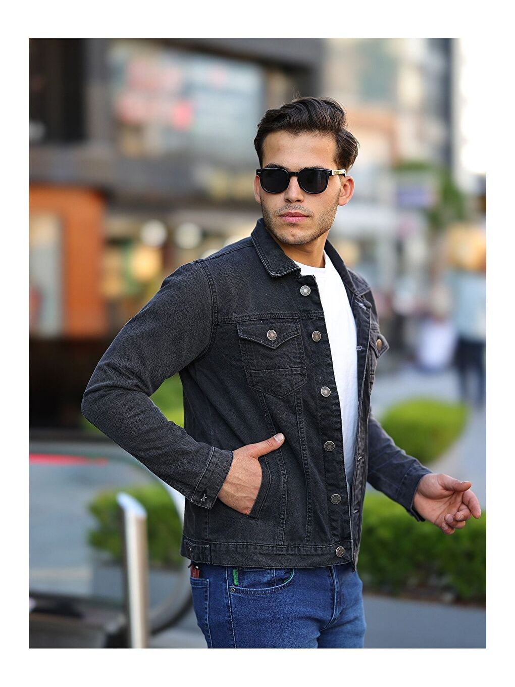 Gri Erkek Trend Polo Yaka Slim Fit Denim Jeans Antrasit Jean Ceket