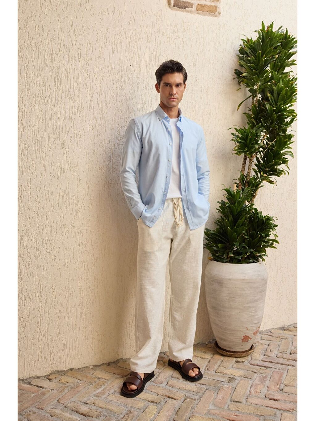 Mavi Turi Erkek Pamuk Gömlek Modern Slim Fit Keten Görünümlü Uzun Kol-1