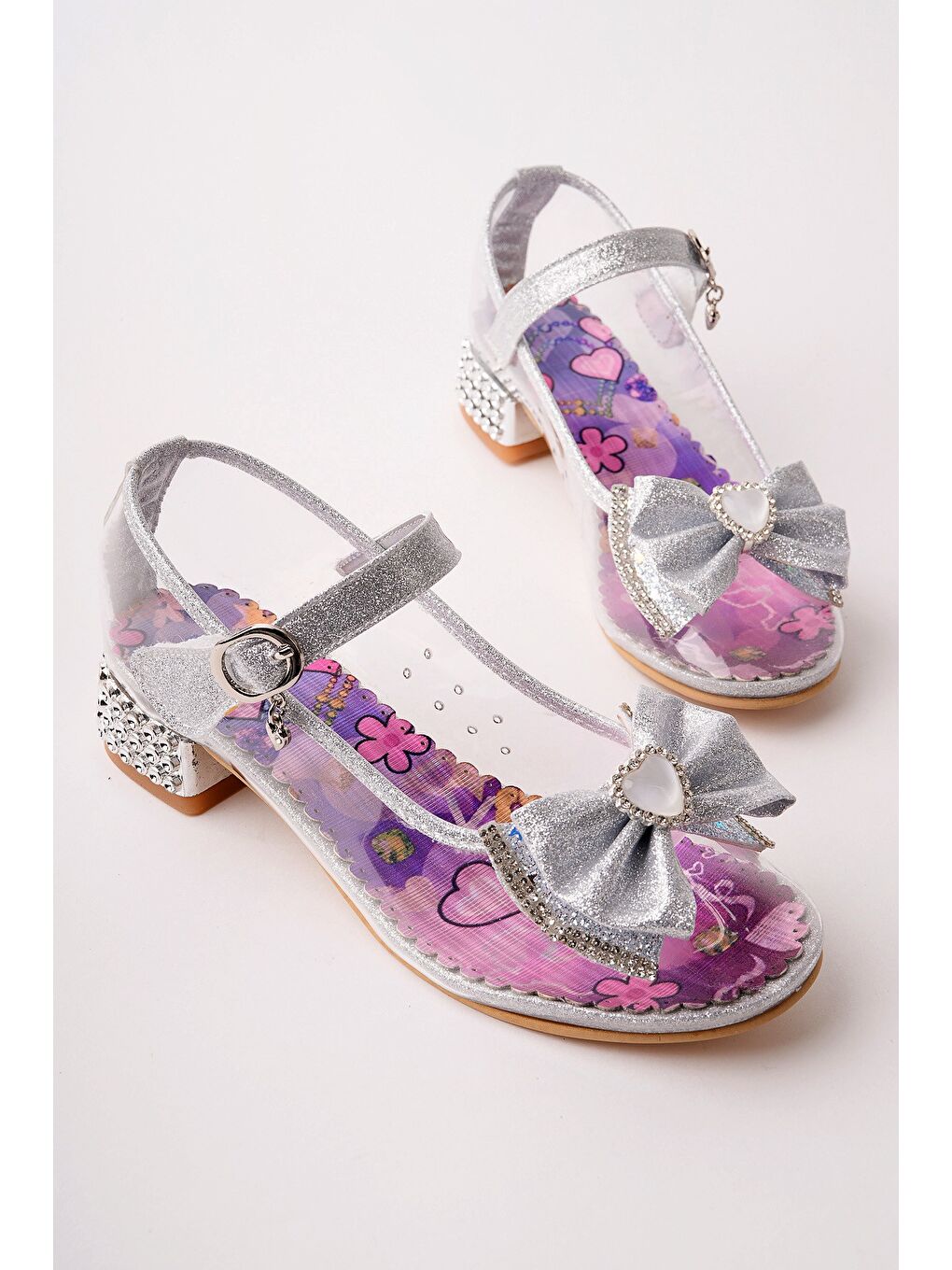 Gri PONYTA Şeffaf Simli Fiyonk Detaylı Bantlı Kız Çocuk Topuklu Abiye Ayakkabı-1