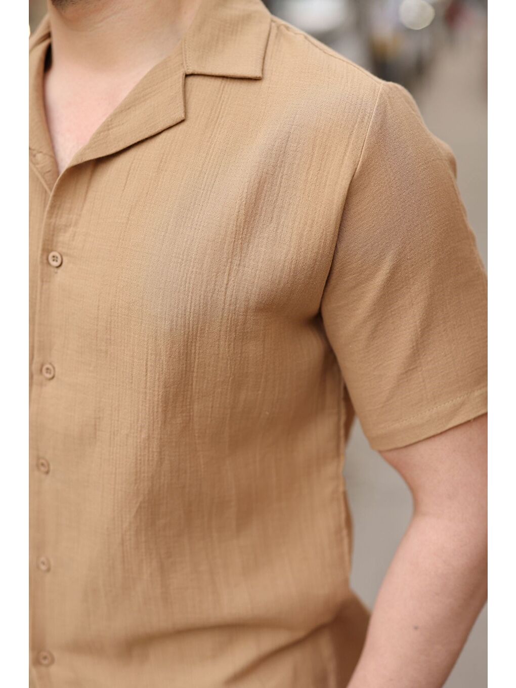Bej Vizon %100 Pamuklu Erkek Şort Gömlek Takım E7361-3