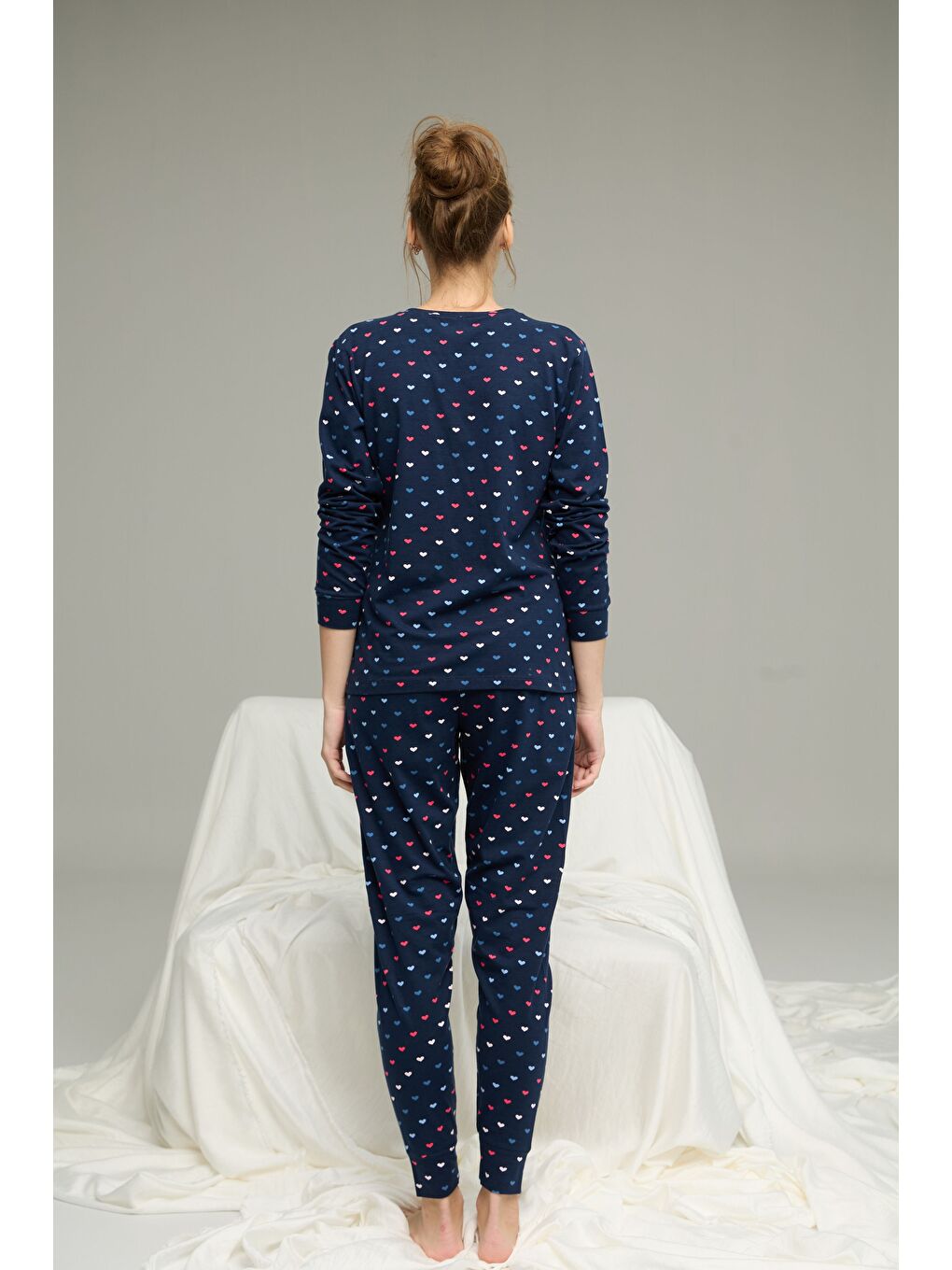 Lacivert Kalp Desenli Pamuklu Bisiklet Yaka Örme Pijama Takım25241145-1