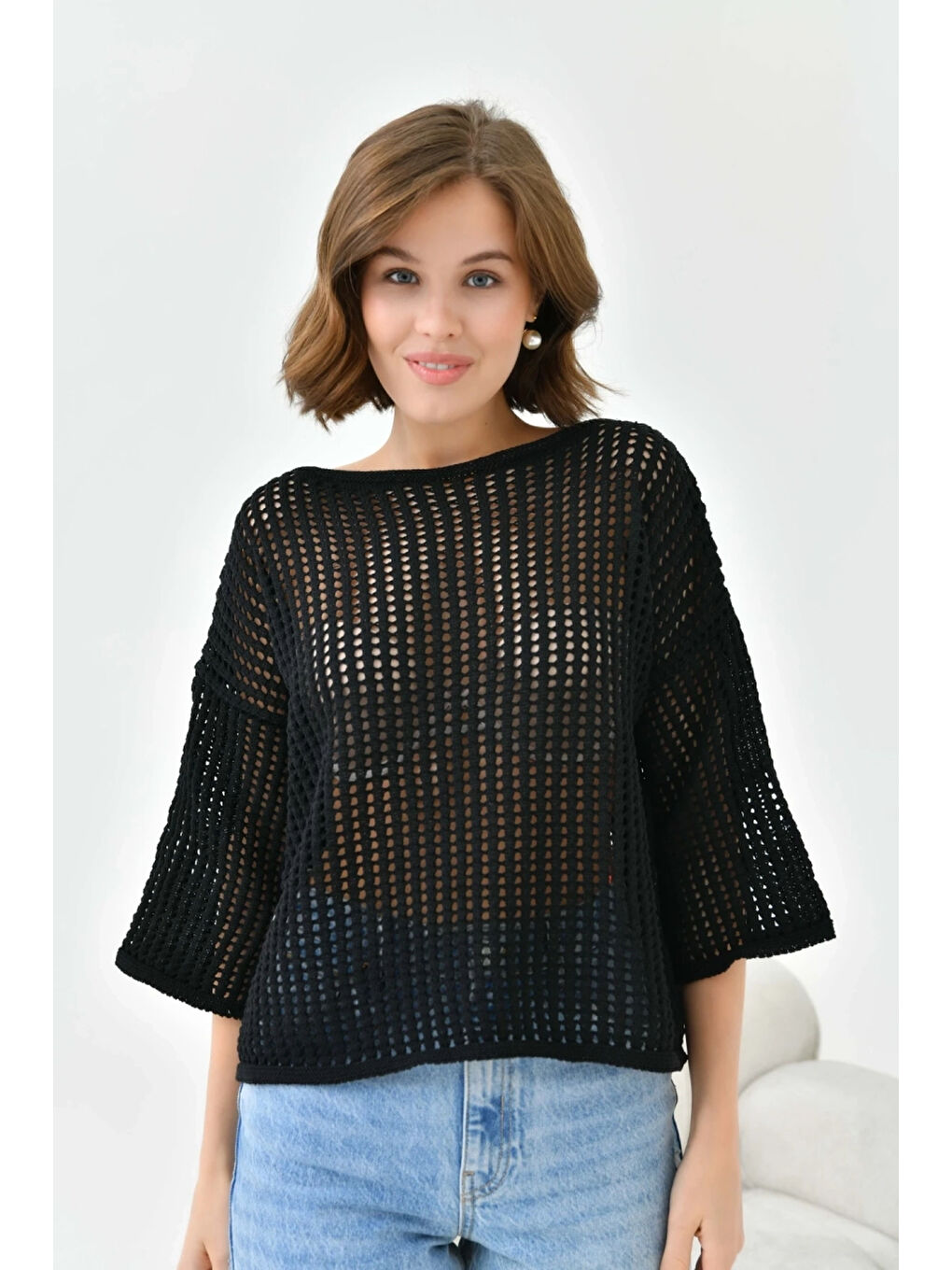 Siyah Kadın Kayık Yaka Örgü Detay Oversize Triko Kazak-2