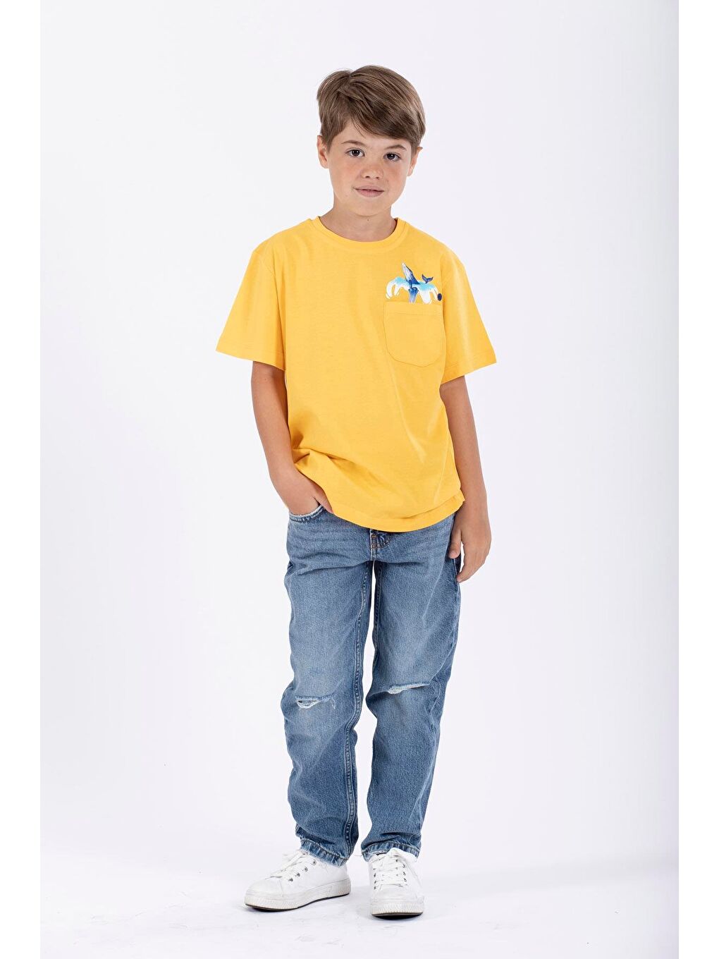 Sarı Bisiklet Yaka Balina Baskılı Erkek Çocuk Tişört-2