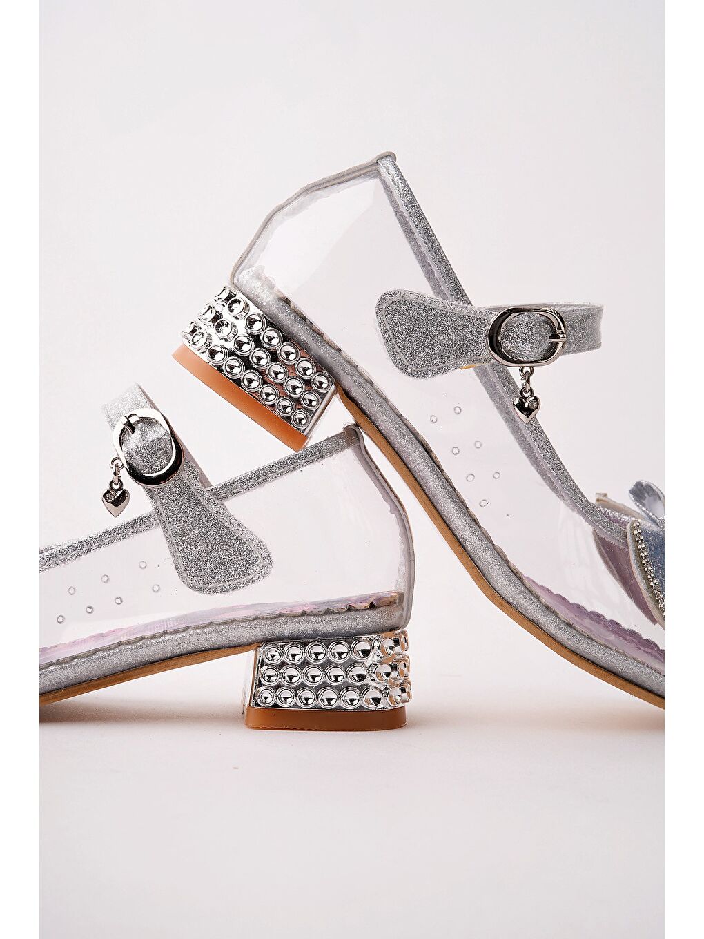 Gri PONYTA Şeffaf Simli Fiyonk Detaylı Bantlı Kız Çocuk Topuklu Abiye Ayakkabı-2